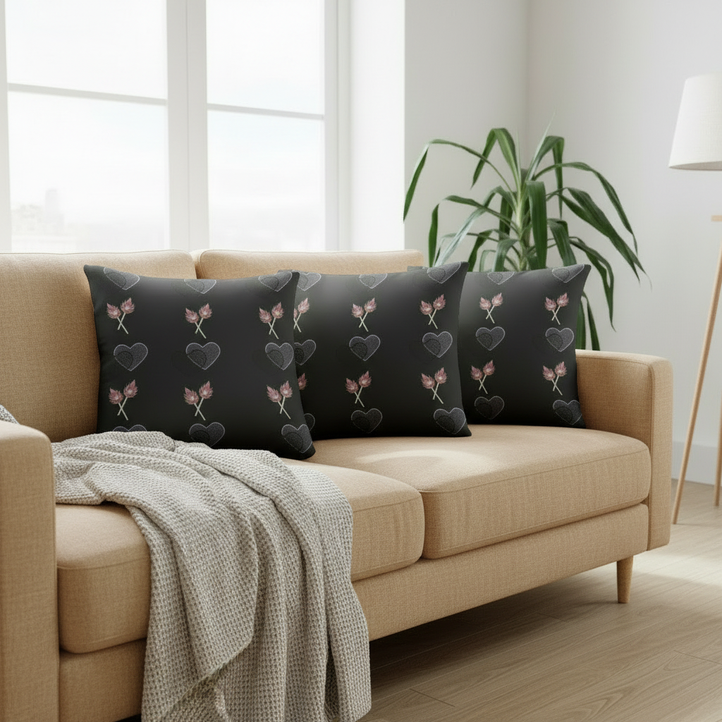 Black Throw Pillow with Pink Floral & Heart Designs – Decorative Cushion 22x22”