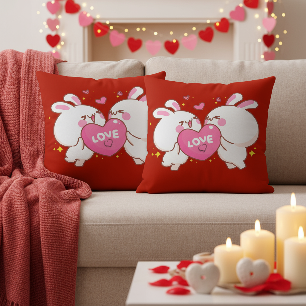 Valentine’s Throw Pillow 22x22 – Red with Pink & White Romantic Design, Cozy Decorative Cushion for Bedroom, Living Room, or Gift