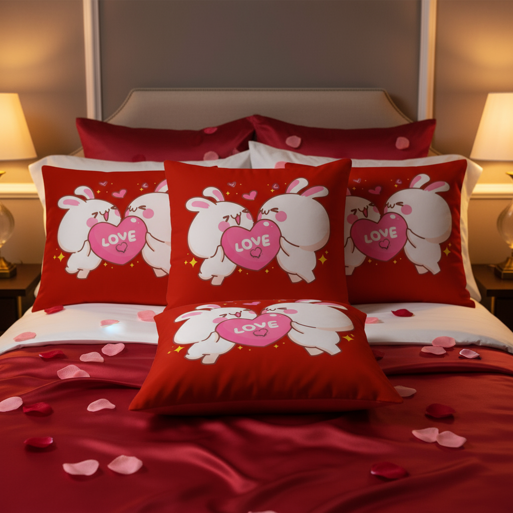 Valentine’s Throw Pillow 22x22 – Red with Pink & White Romantic Design, Cozy Decorative Cushion for Bedroom, Living Room, or Gift