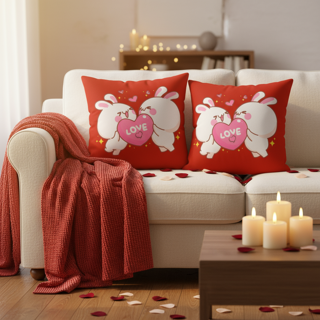 Valentine’s Throw Pillow 22x22 – Red with Pink & White Romantic Design, Cozy Decorative Cushion for Bedroom, Living Room, or Gift