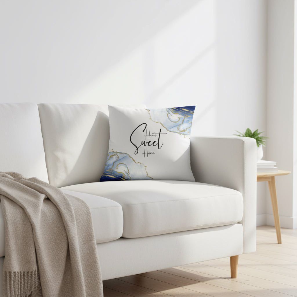 Blue & White Marble Throw Pillow with Gold Accents – “Home Sweet Home” Decorative Cushion 22x22”