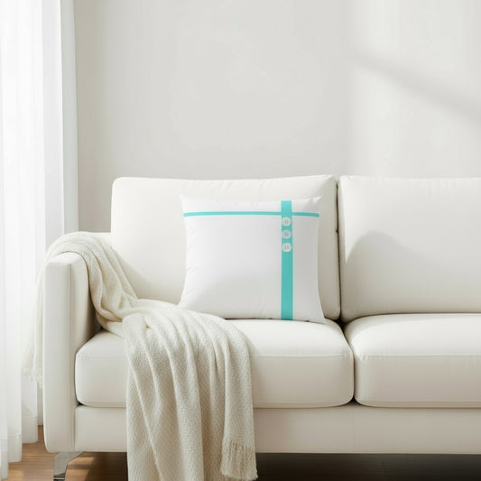 White Throw Pillow with Green Line & Buttons – 22x22”
