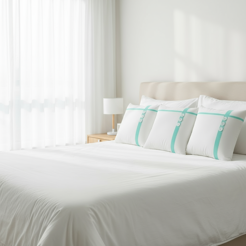 White Throw Pillow with Green Line & Buttons – 22x22”