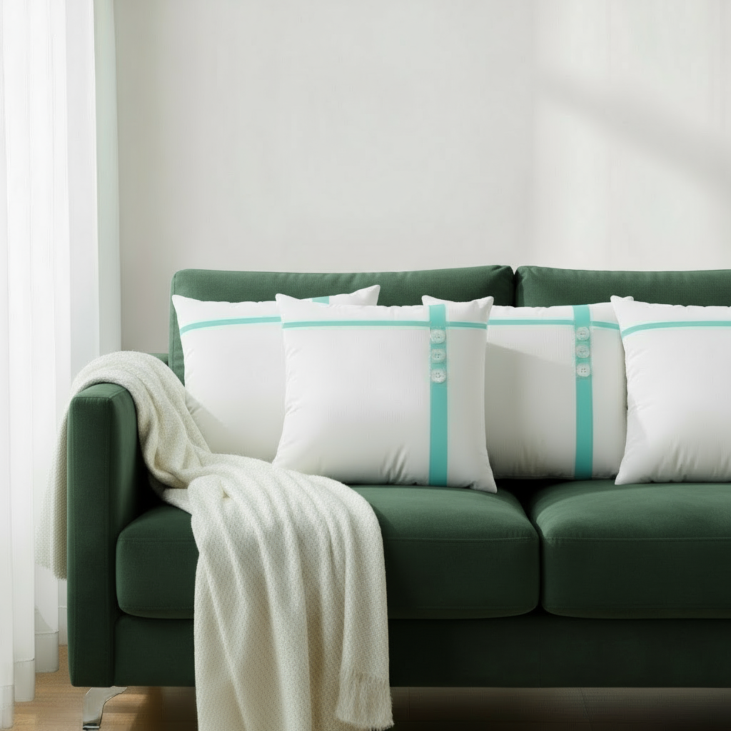White Throw Pillow with Green Line & Buttons – 22x22”