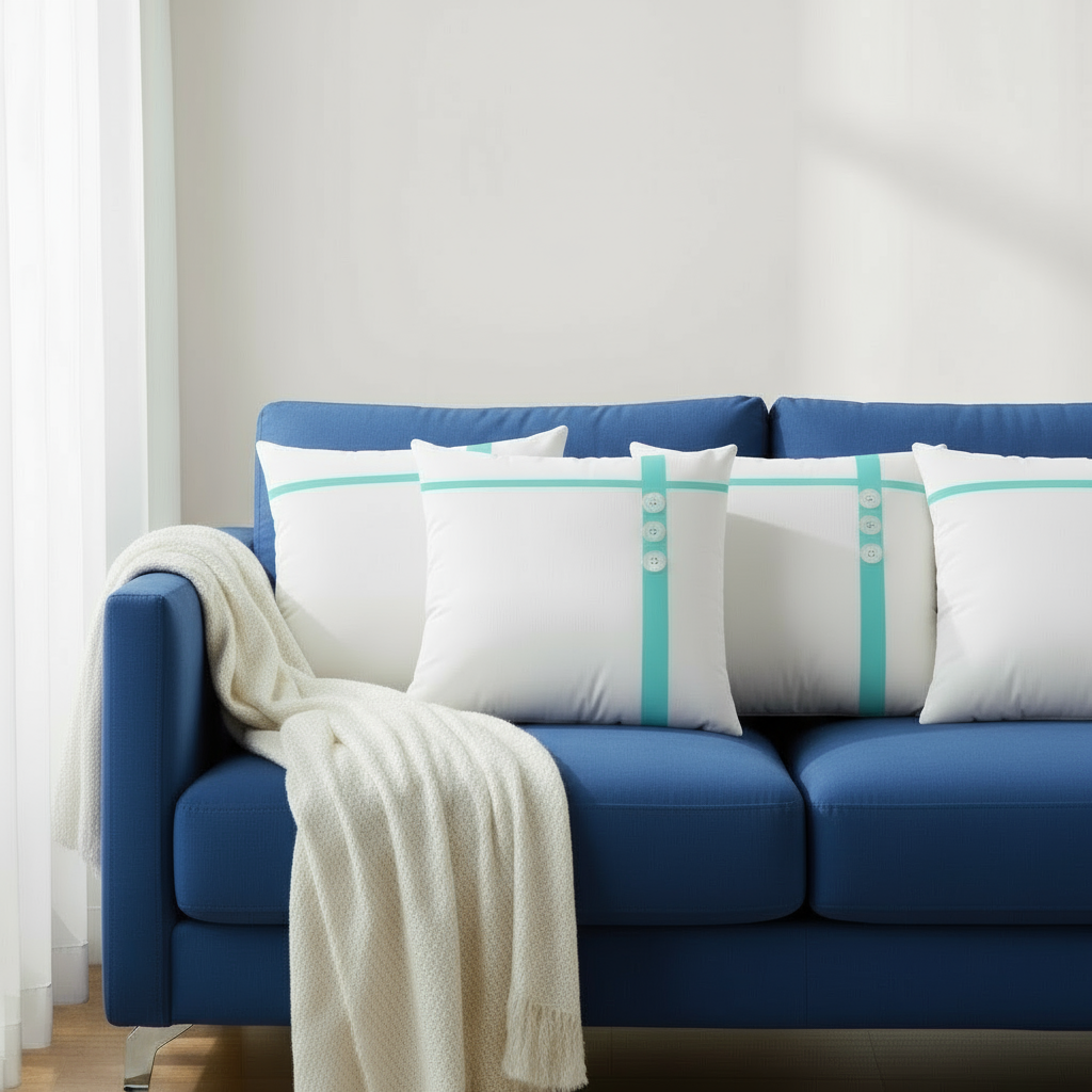 White Throw Pillow with Green Line & Buttons – 22x22”