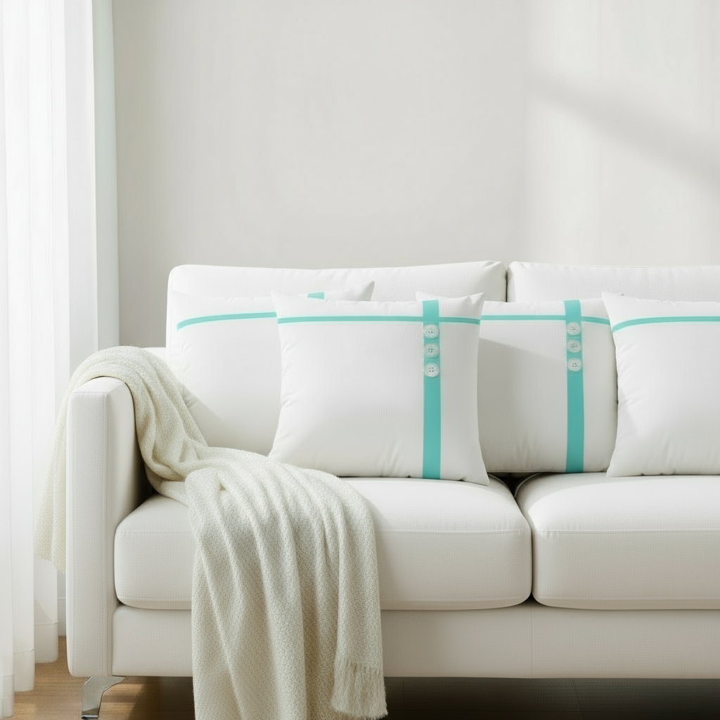 White Throw Pillow with Green Line & Buttons – 22x22”