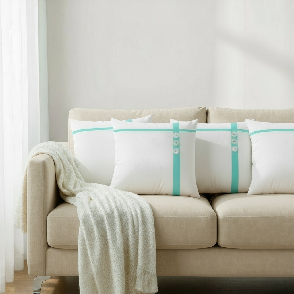 White Throw Pillow with Green Line & Buttons – 22x22”