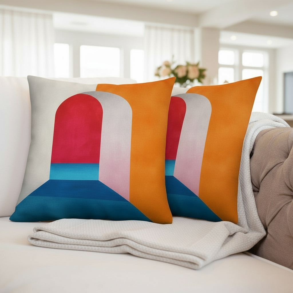 22x22 Abstract Throw Pillow – White, Blue, Orange & Red Modern Cushion