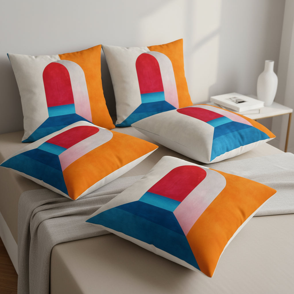 22x22 Abstract Throw Pillow – White, Blue, Orange & Red Modern Cushion