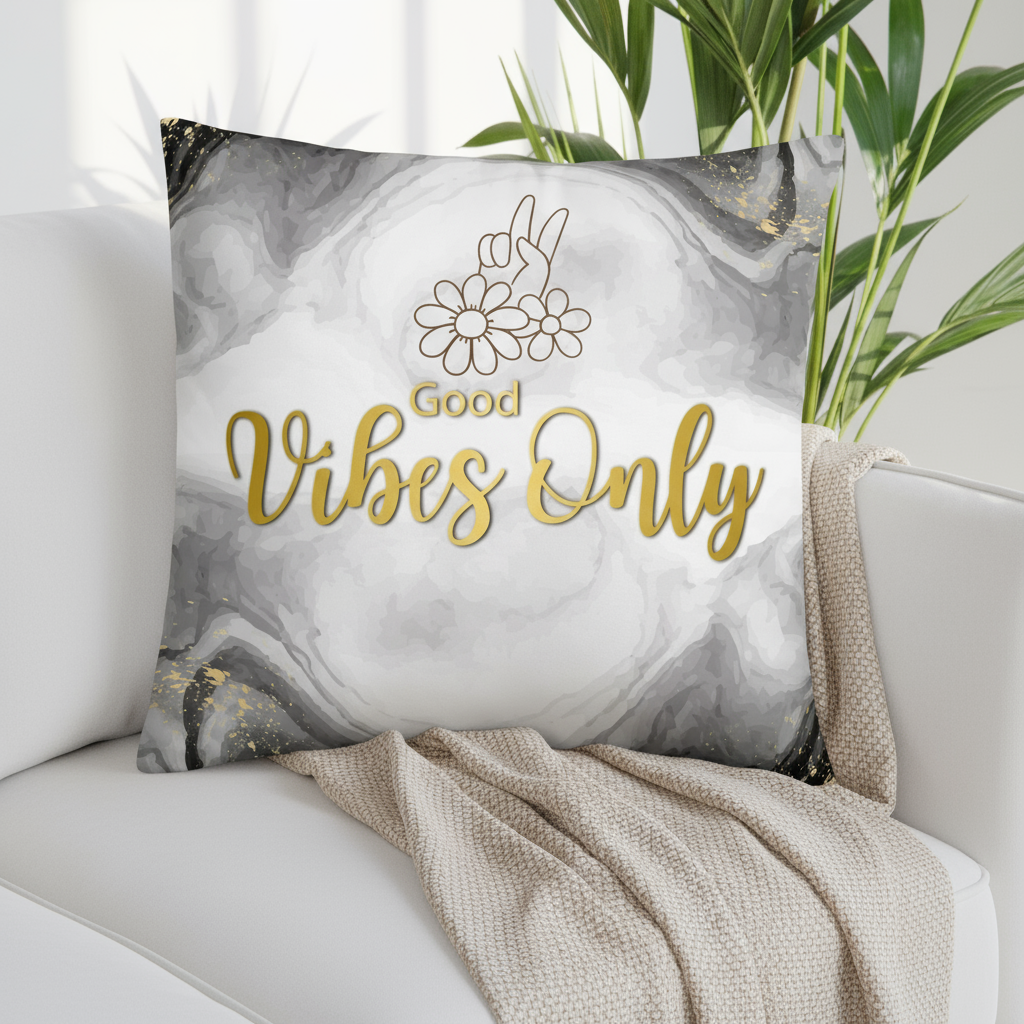 22x22 Throw Pillow – Marble White, Black & Grey with Gold “Good Vibes Only” Typography