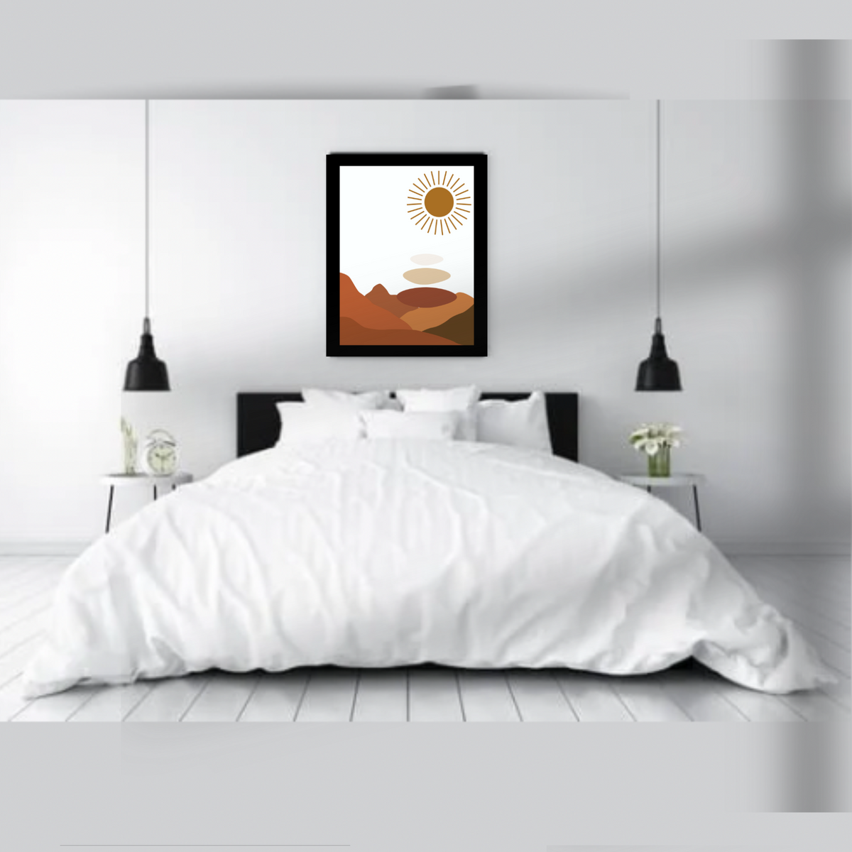 Boho Wall Art Set – 3 Digital Prints – Brown Mountain, Sun, Bird & Butterfly Elements – White Background with Black Borders – 16x20, 18x24, 24x36 in