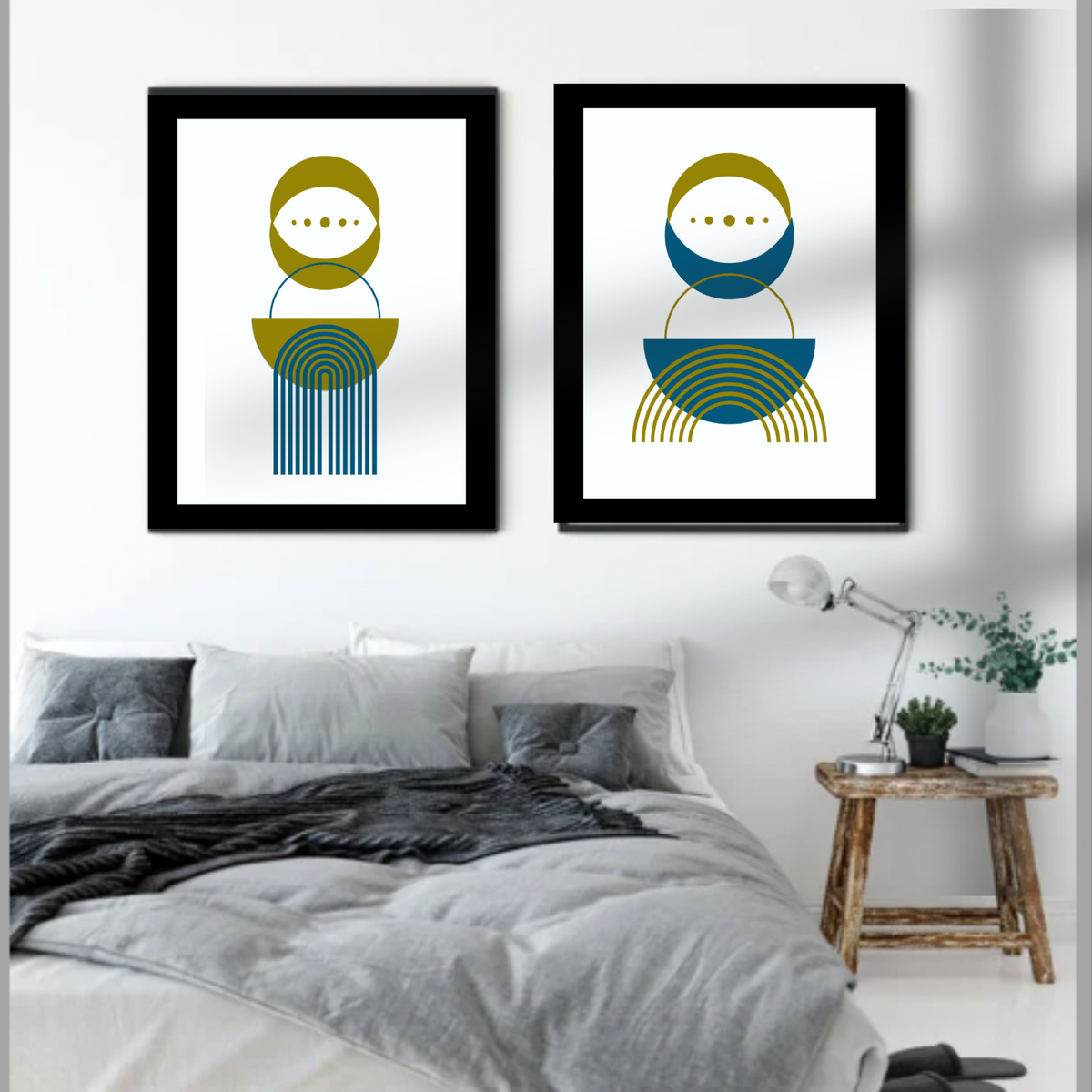 Boho Wall Art Set – 2 Digital Prints – Blue & Green Abstract Shapes on White with Black Borders – 16x20, 18x24, 24x36 in – Modern Bohemian Decor