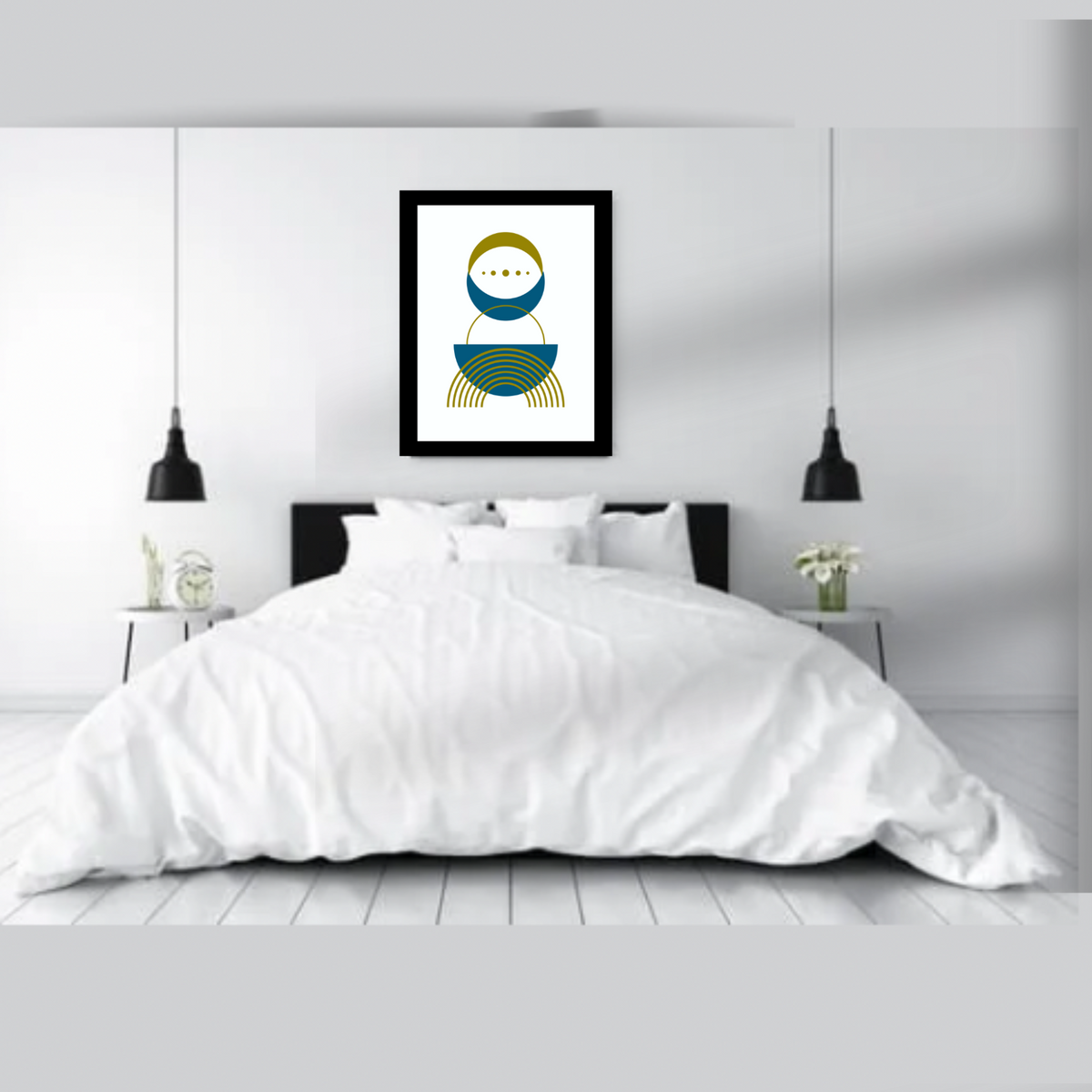 Boho Wall Art Set – 2 Digital Prints – Blue & Green Abstract Shapes on White with Black Borders – 16x20, 18x24, 24x36 in – Modern Bohemian Decor
