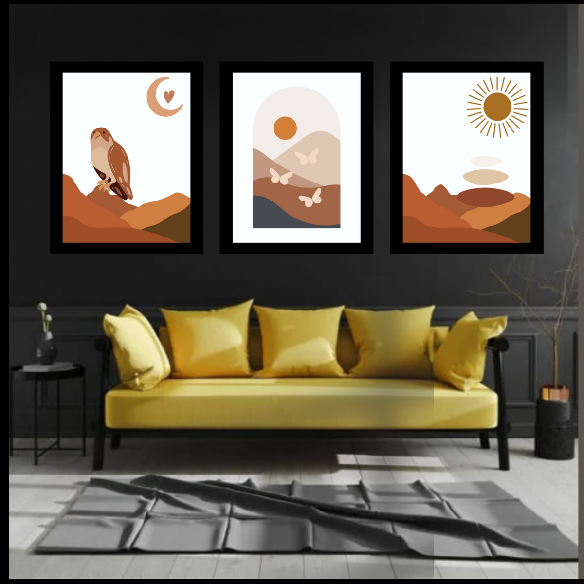 Boho Wall Art Set – 3 Digital Prints – Brown Mountain, Sun, Bird & Butterfly Elements – White Background with Black Borders – 16x20, 18x24, 24x36 in