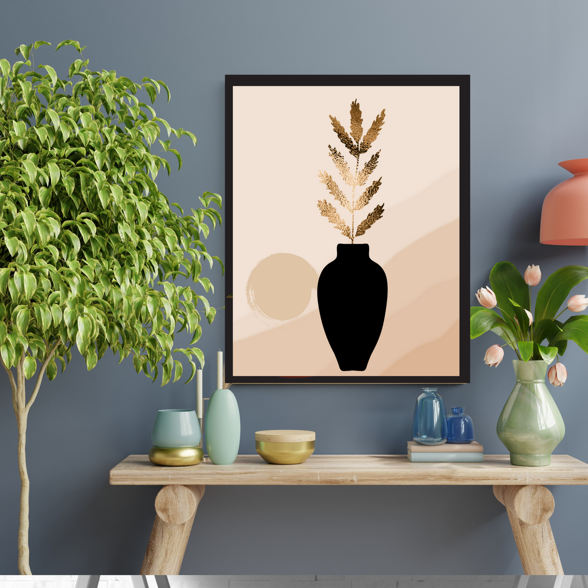 Neutral Vase Wall Art Set – 3 Printable Botanical Prints (Gold & Green Flowers) | Digital Download | 3 Sizes Included