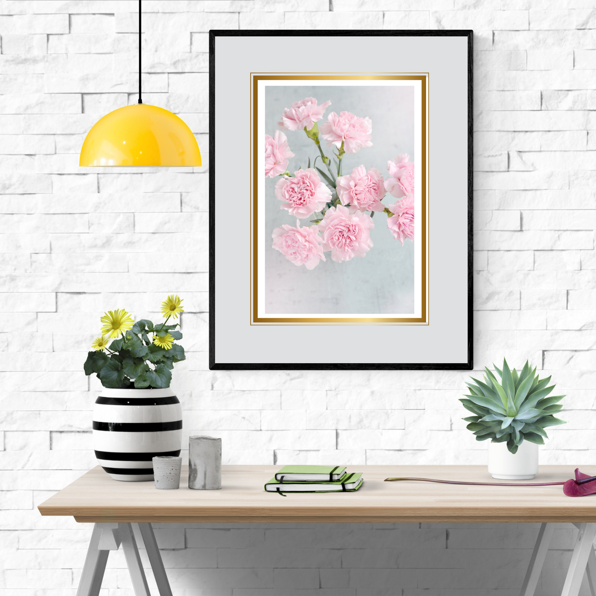 Blush Pink Flower Wall Art Set of 3 | Gold Frame | Gray Background | Digital Download