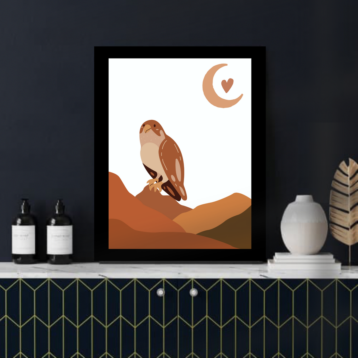 Boho Wall Art Set – 3 Digital Prints – Brown Mountain, Sun, Bird & Butterfly Elements – White Background with Black Borders – 16x20, 18x24, 24x36 in