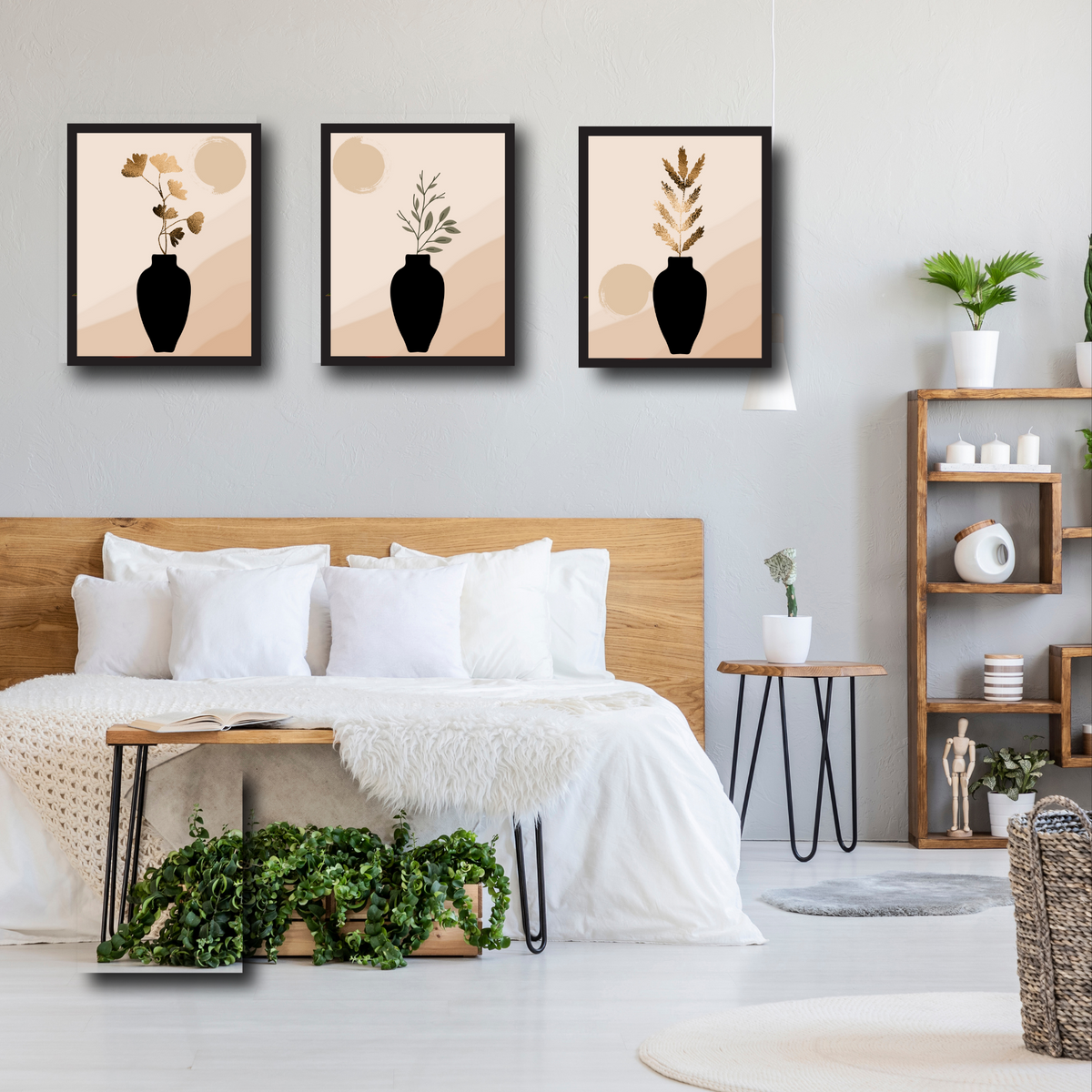 Neutral Vase Wall Art Set – 3 Printable Botanical Prints (Gold & Green Flowers) | Digital Download | 3 Sizes Included