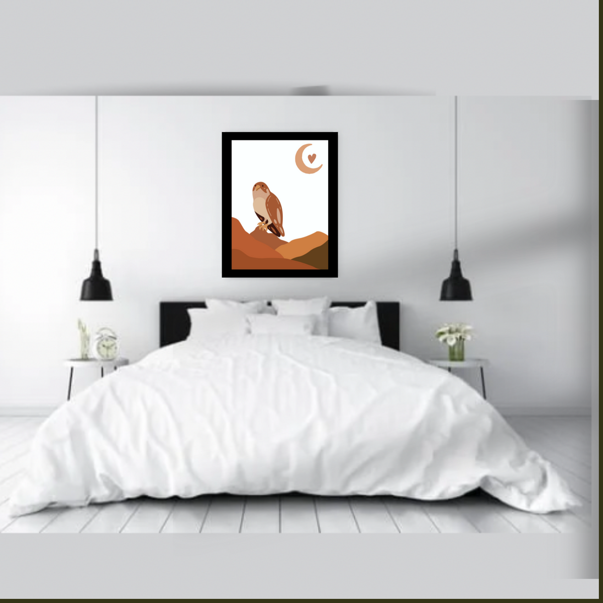 Boho Wall Art Set – 3 Digital Prints – Brown Mountain, Sun, Bird & Butterfly Elements – White Background with Black Borders – 16x20, 18x24, 24x36 in