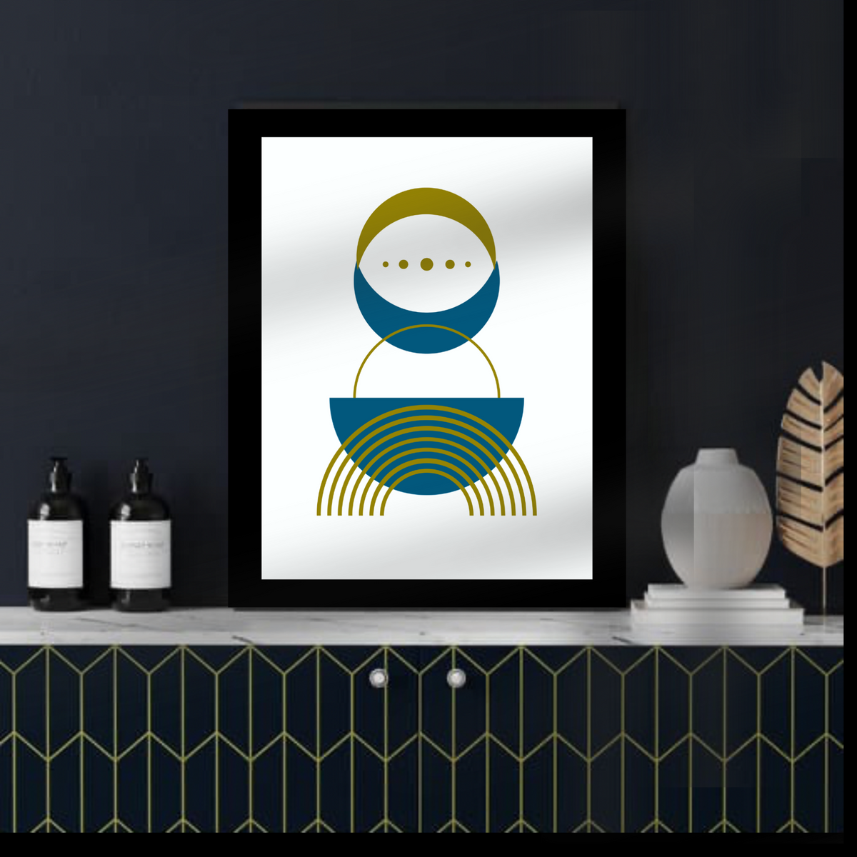 Boho Wall Art Set – 2 Digital Prints – Blue & Green Abstract Shapes on White with Black Borders – 16x20, 18x24, 24x36 in – Modern Bohemian Decor
