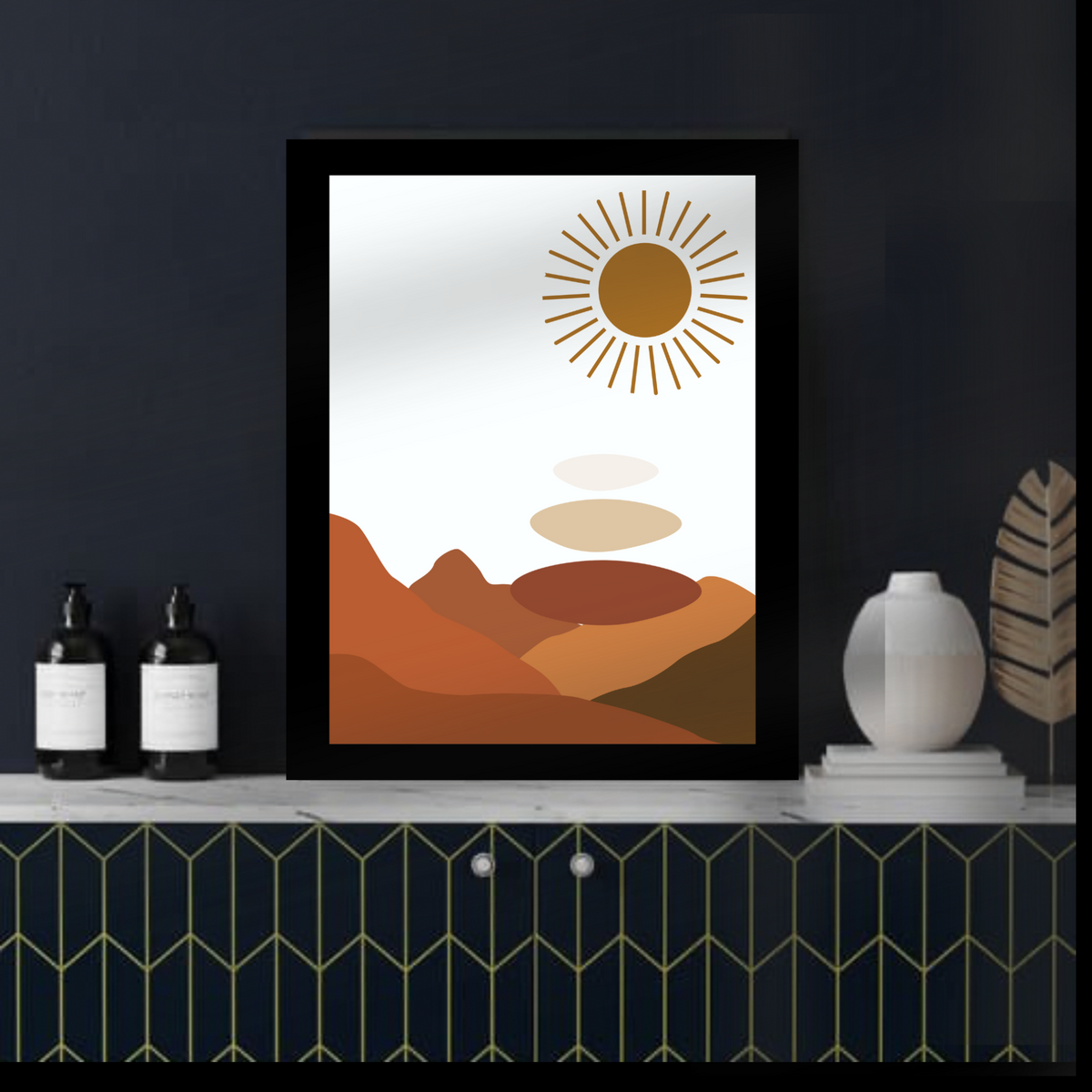 Boho Wall Art Set – 3 Digital Prints – Brown Mountain, Sun, Bird & Butterfly Elements – White Background with Black Borders – 16x20, 18x24, 24x36 in