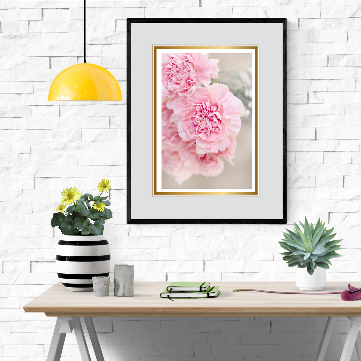 Blush Pink Flower Wall Art Set of 3 | Gold Frame | Gray Background | Digital Download