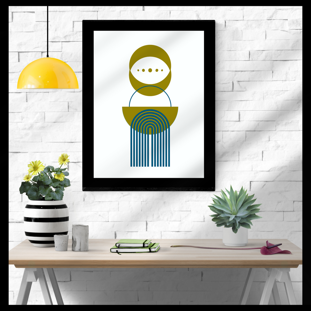 Boho Wall Art Set – 2 Digital Prints – Blue & Green Abstract Shapes on White with Black Borders – 16x20, 18x24, 24x36 in – Modern Bohemian Decor