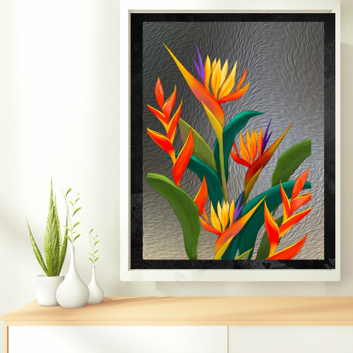 Bird of Paradise Wall Art – 3 Digital Prints – Luxury Gray Background with Black Borders – 16x20, 18x24, 24x36 in – Elegant Botanical Decor