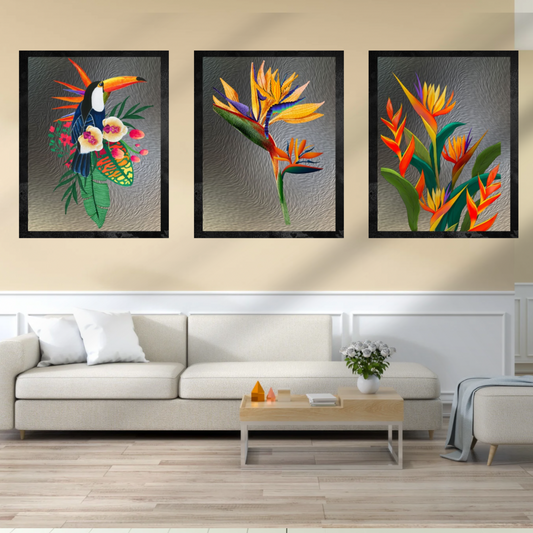 Bird of Paradise Wall Art – 3 Digital Prints – Luxury Gray Background with Black Borders – 16x20, 18x24, 24x36 in – Elegant Botanical Decor