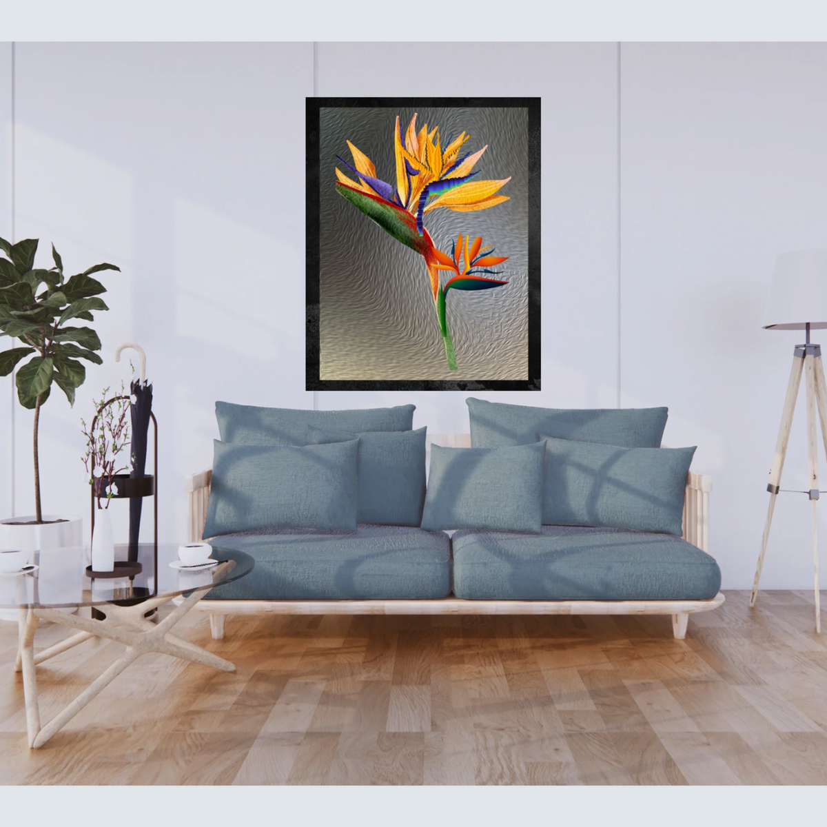 Bird of Paradise Wall Art – 3 Digital Prints – Luxury Gray Background with Black Borders – 16x20, 18x24, 24x36 in – Elegant Botanical Decor