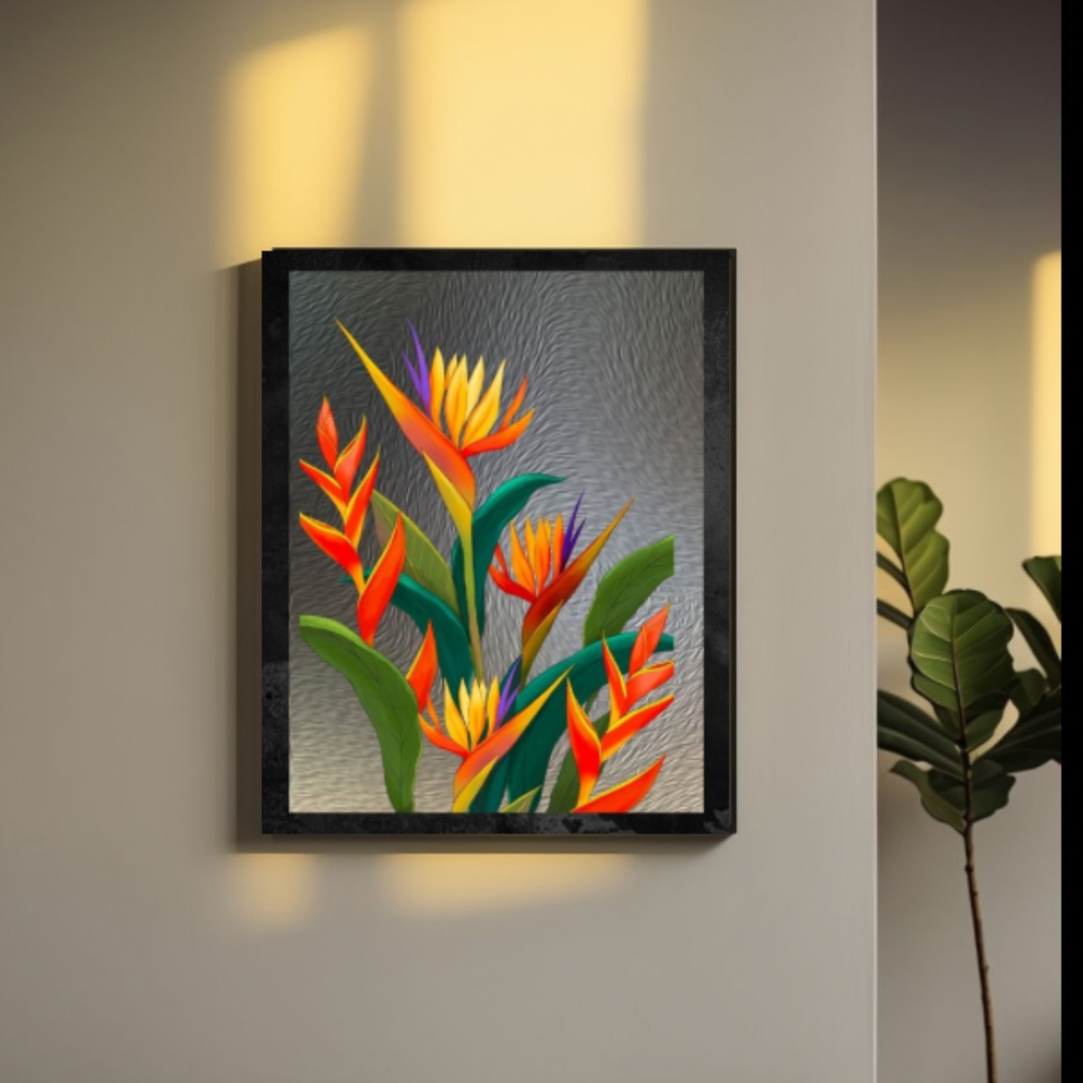 Bird of Paradise Wall Art – 3 Digital Prints – Luxury Gray Background with Black Borders – 16x20, 18x24, 24x36 in – Elegant Botanical Decor