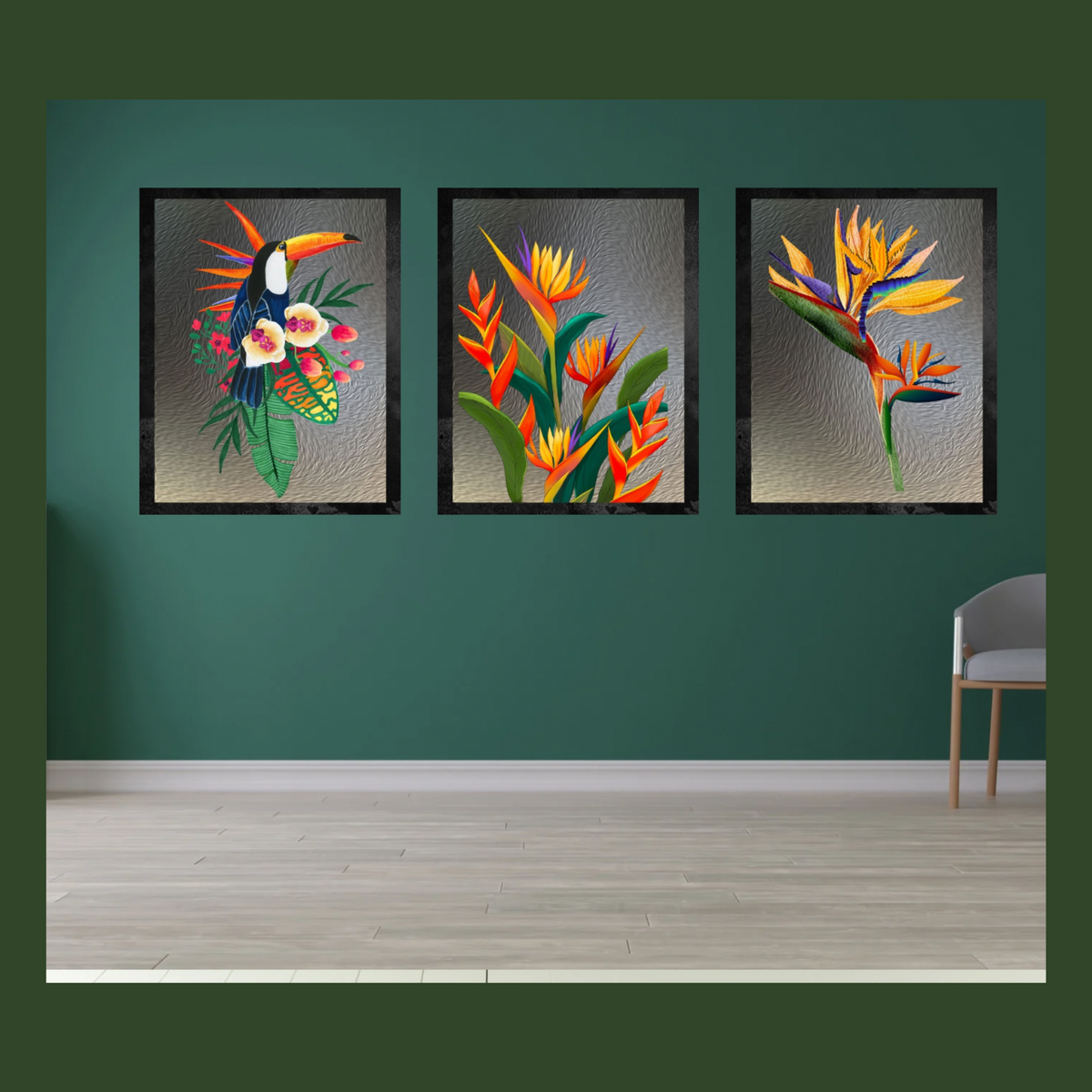 Bird of Paradise Wall Art – 3 Digital Prints – Luxury Gray Background with Black Borders – 16x20, 18x24, 24x36 in – Elegant Botanical Decor